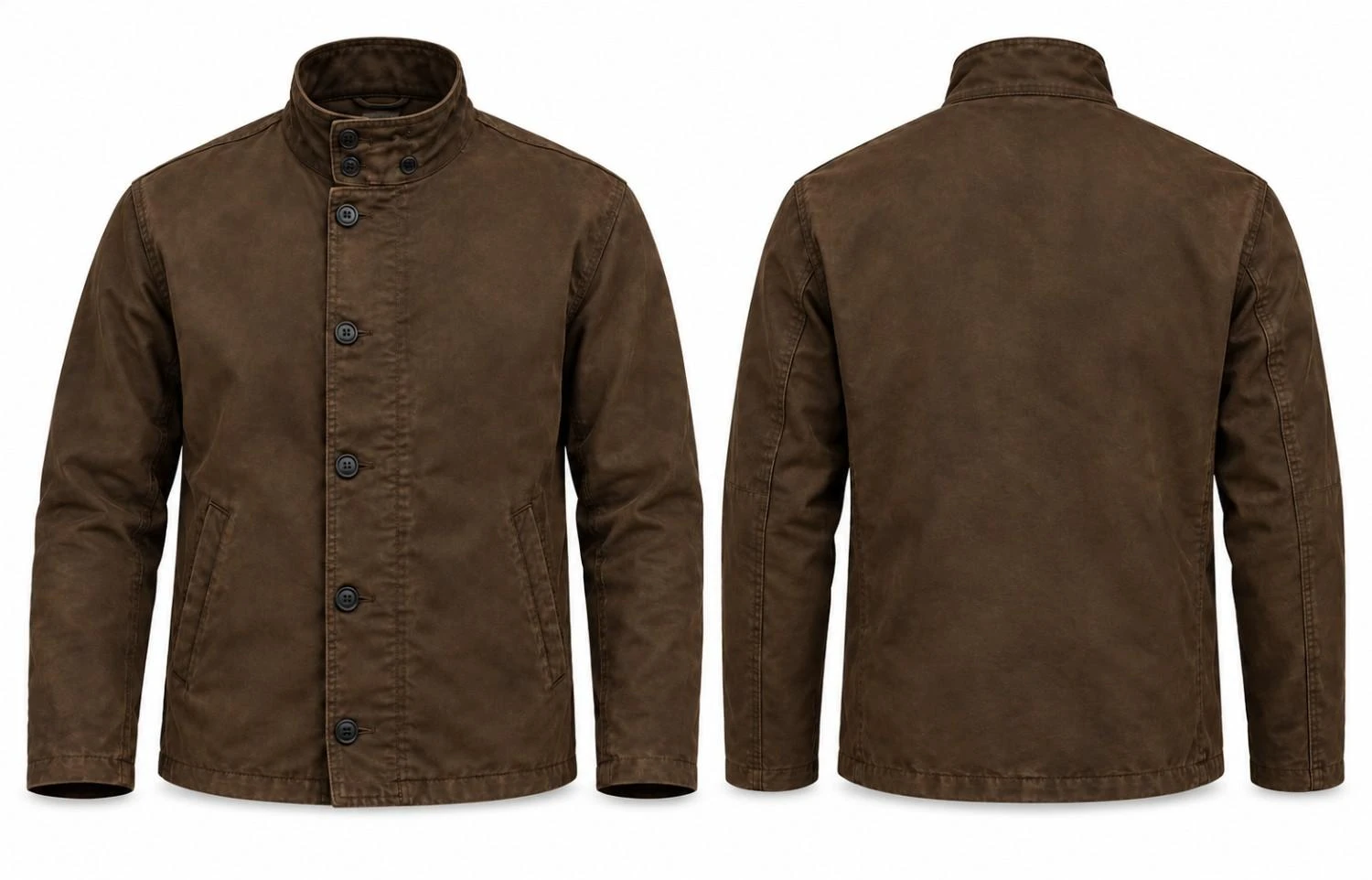 Front and back views of the dark brown cotton jacket with a stand collar, button and zipper closure, and two side waist pockets