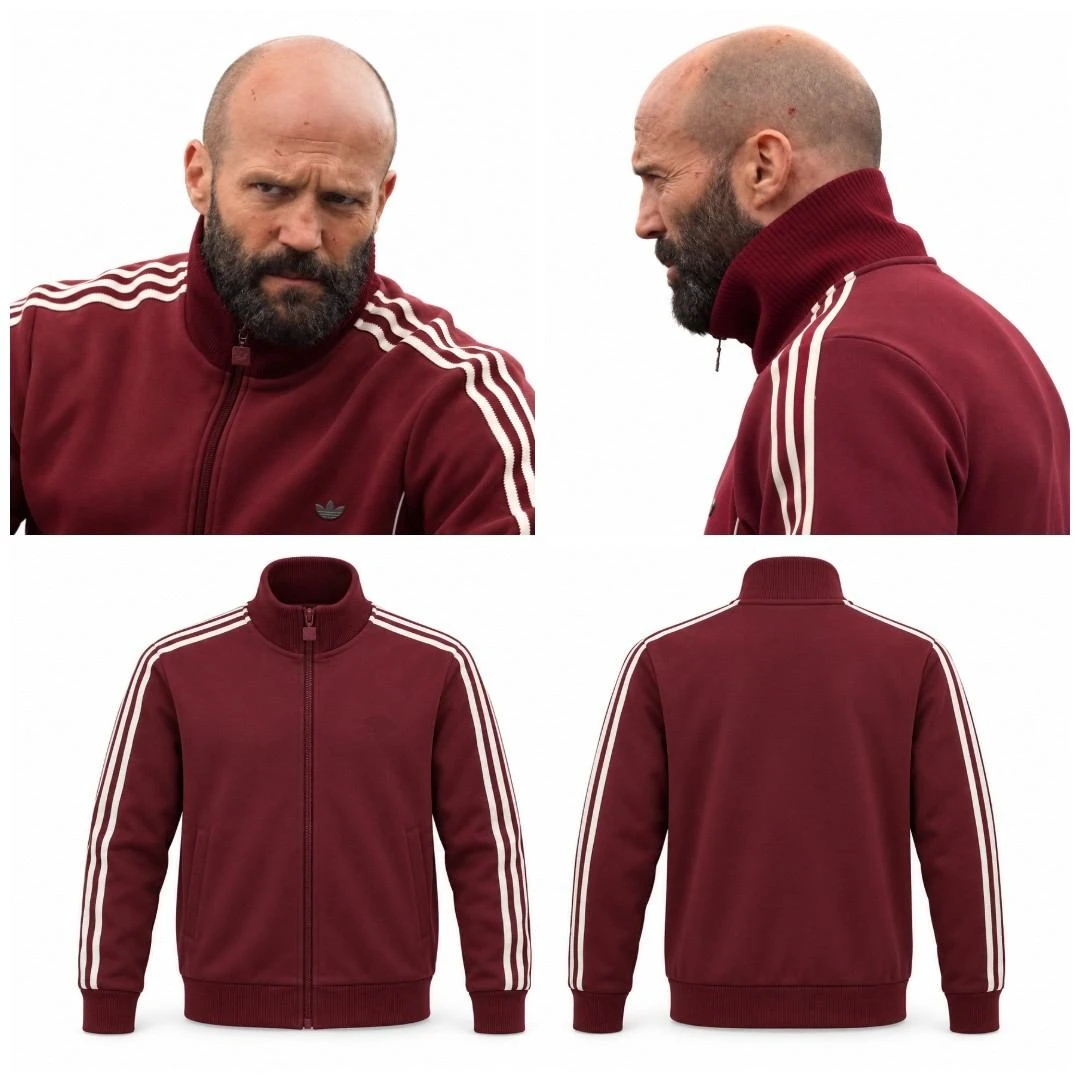 Front and back views of the maroon fleece jacket inspired by Jason Statham’s look in The Beekeeper 2, with white sleeve stripes
