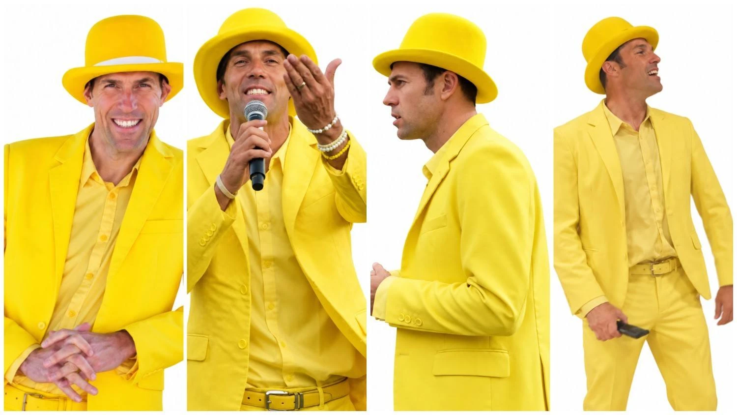 Jesse Cole-inspired yellow suit from The Banana Ball 2027, shown from front and side
