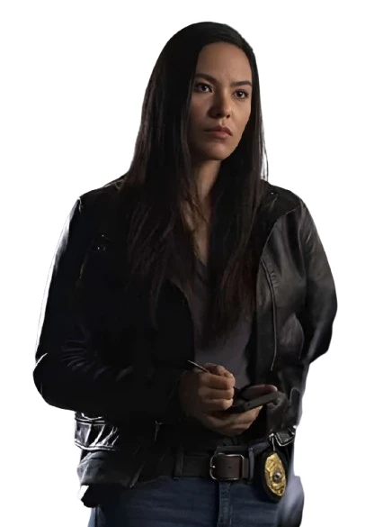 Jessica Matten Tribal Black Leather Jacket Front View Womens Jacket