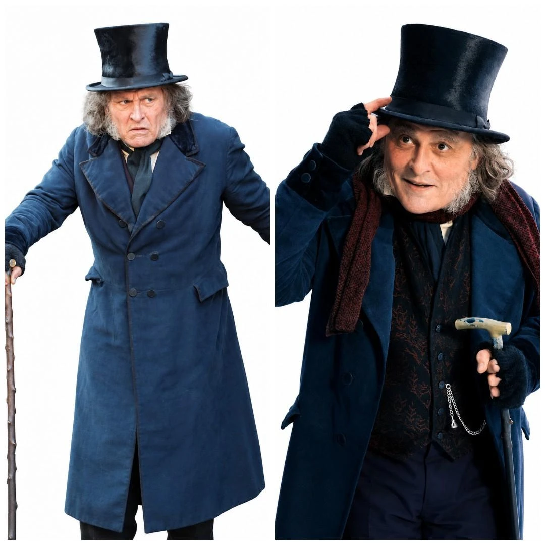 Johnny Depp wearing the Ebenezer Scrooge navy blue coat in A Christmas Carol 2026