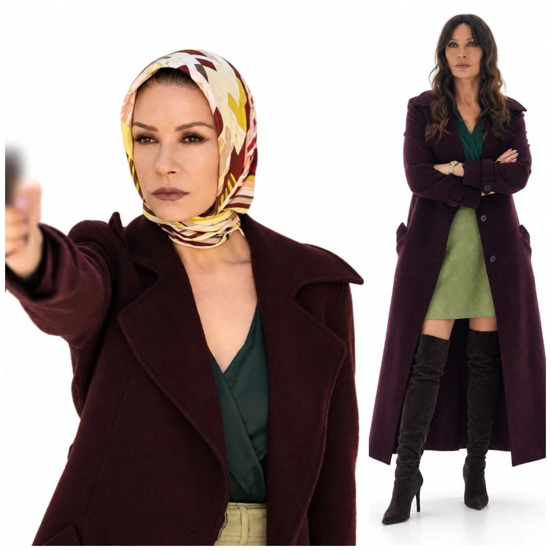 Catherine Zeta-Jones Kill Jackie Burgundy Velvet Long Coat