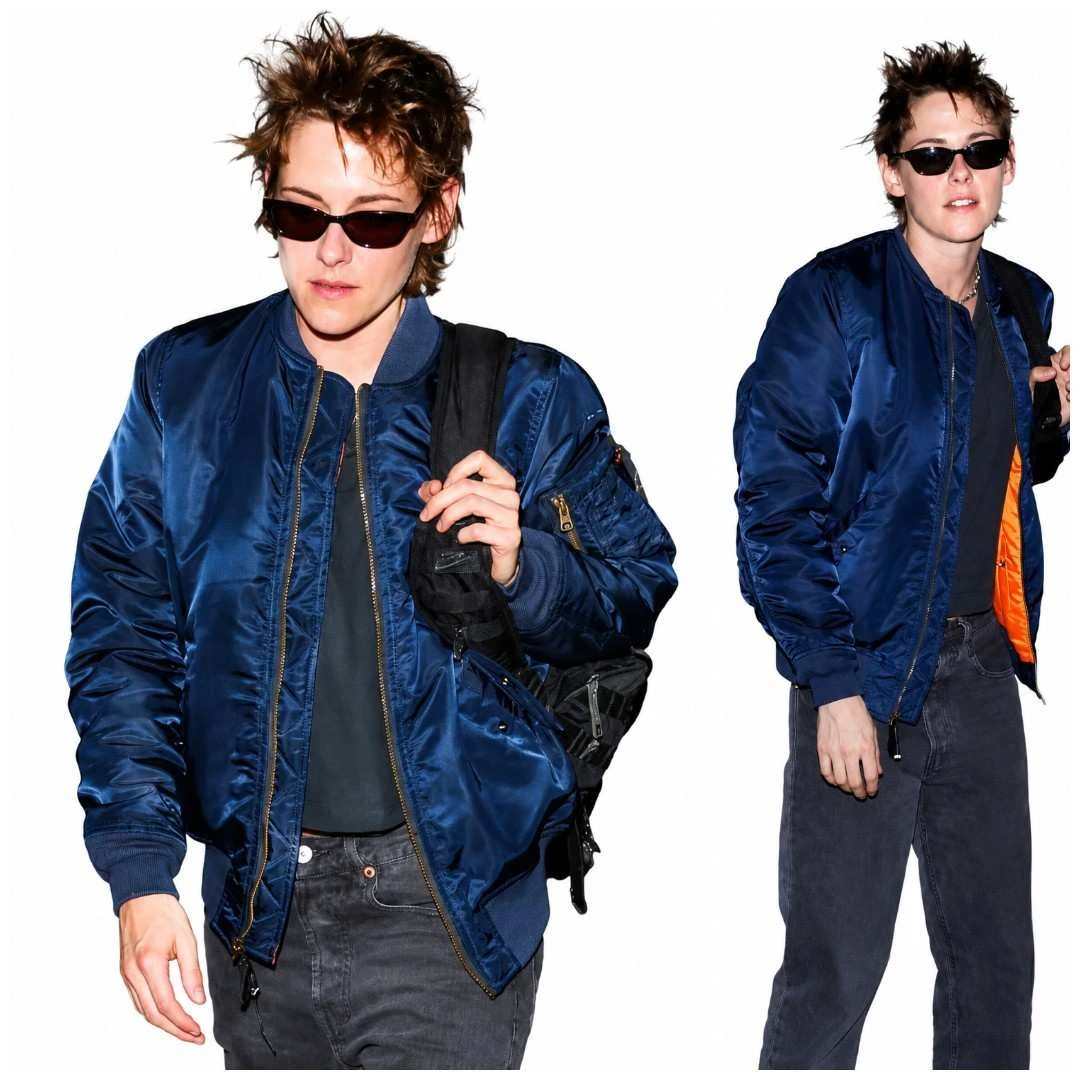 Kristen Stewart Wearing Navy Blue Satin Bomber Jacket