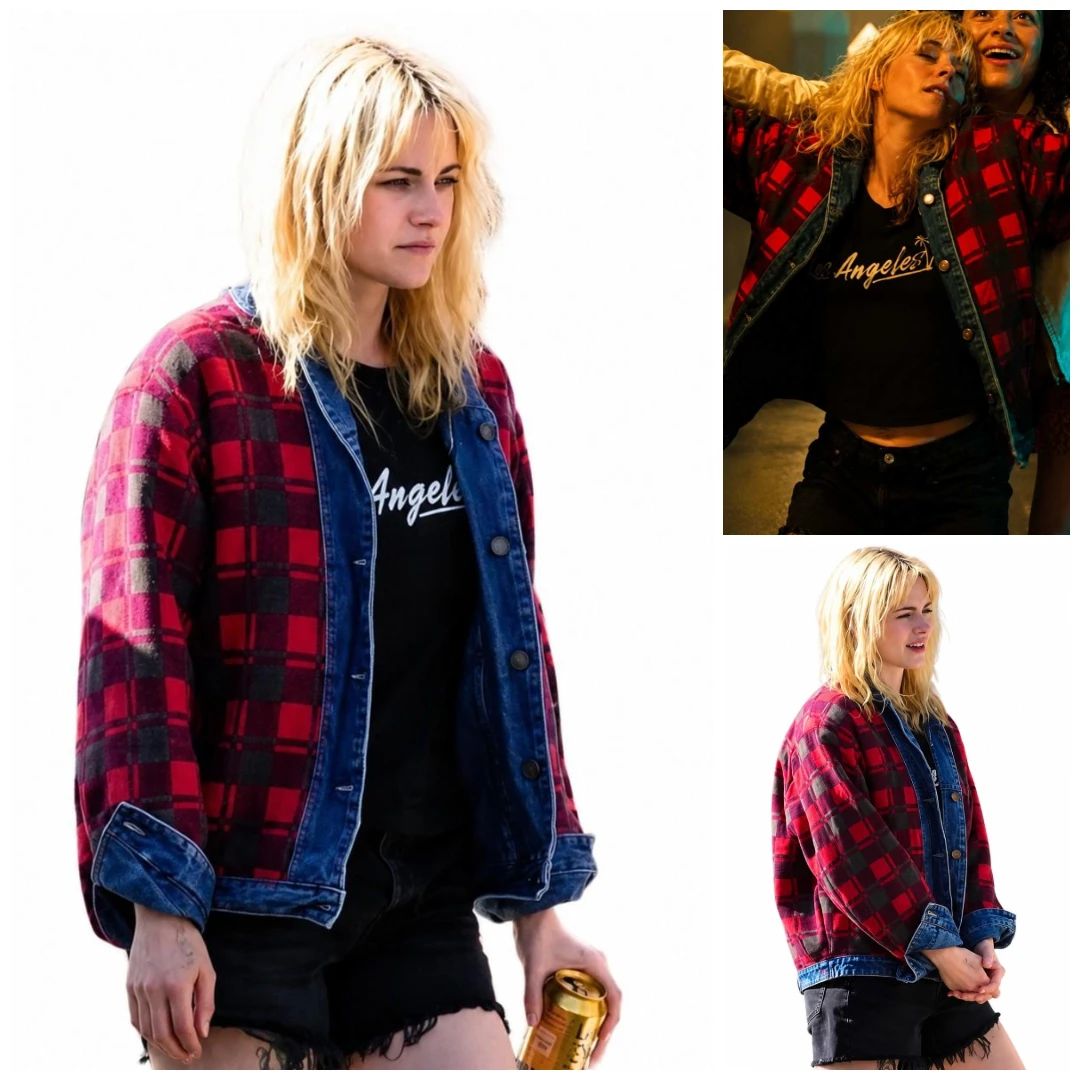 Kristen Stewart wearing The Wrong Girls 2026 Reversible Plaid Denim Jacket