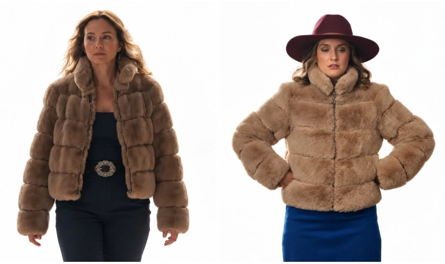 Leighton Meester wearing a brown faux fur jacket with a high collar and front zipper
