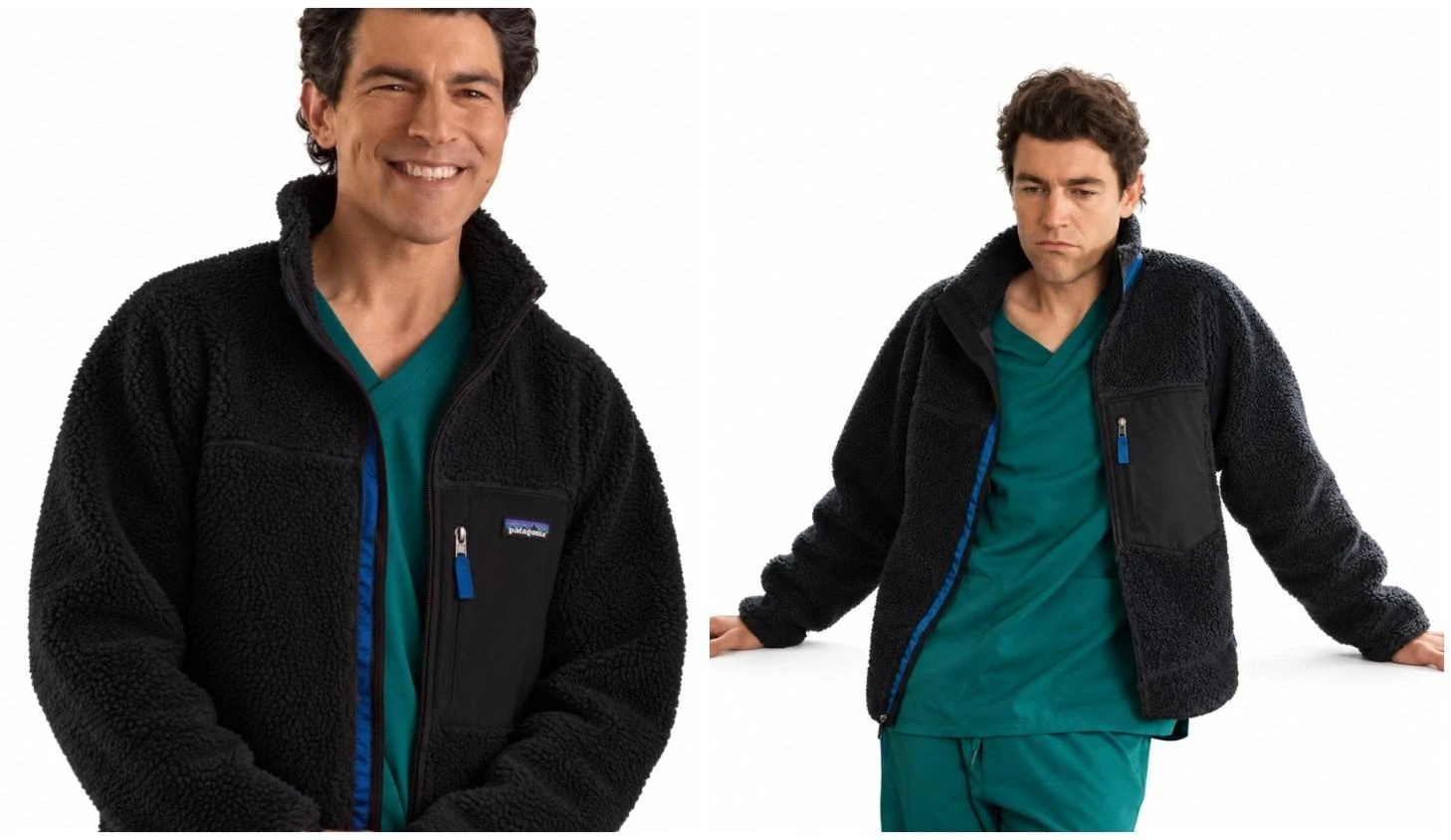 Max Greenfield wearing black textured fleece jacket with blue zipper trim in Let’s Have Kids