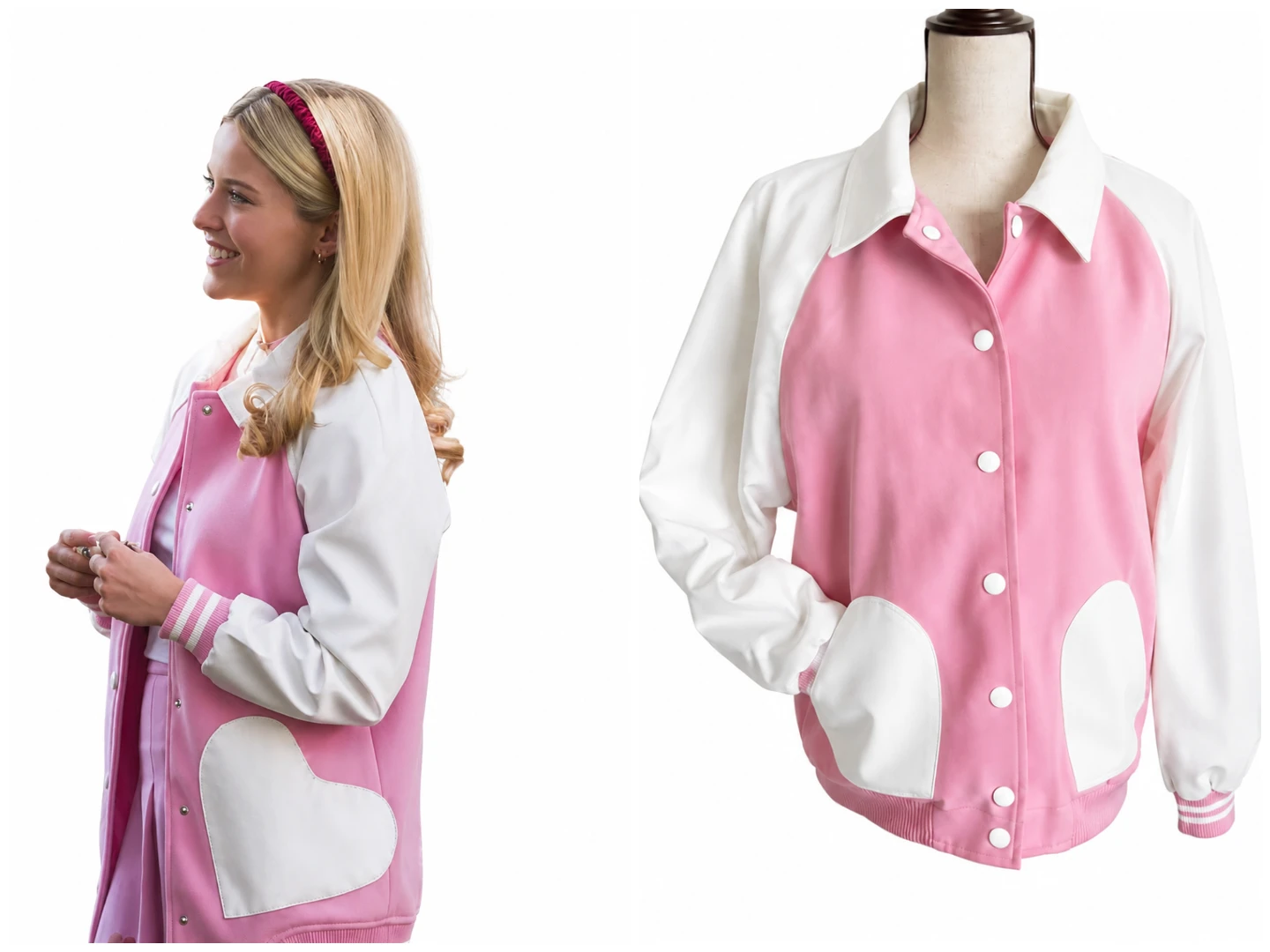 Lexi Minetree wearing Pink and White Varsity Jacket in Elle 2026