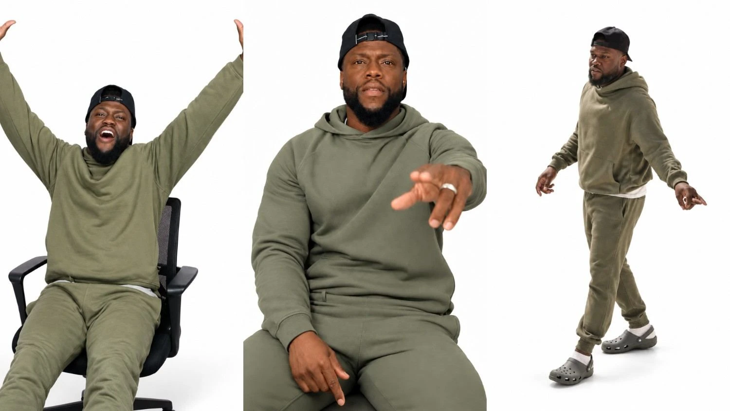 Kevin Hart wearing olive green tracksuit in Livestream from Hell 2026