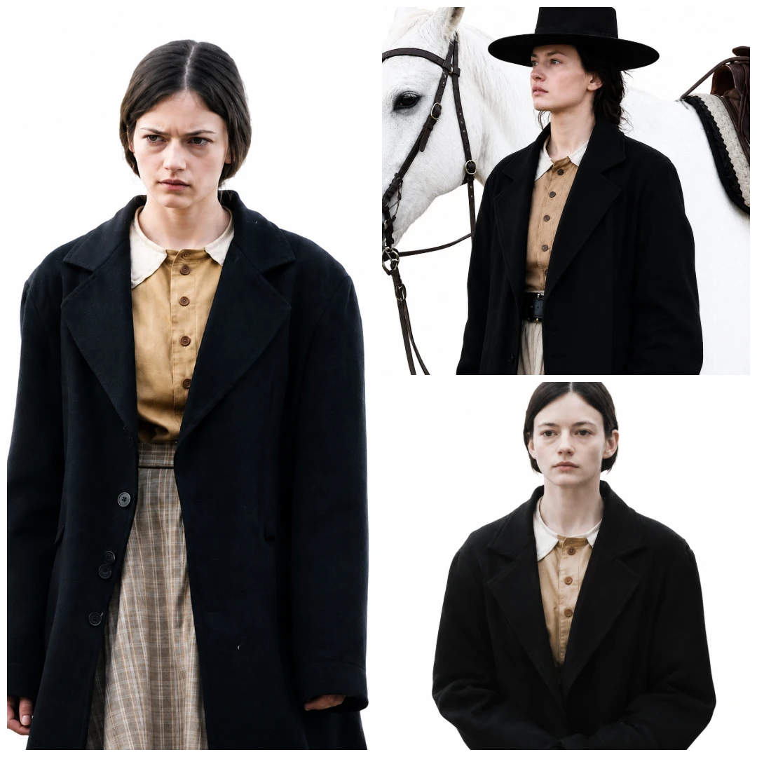 Mackenzie Foy The Isolate Thief 2026 Black Coat Front View
