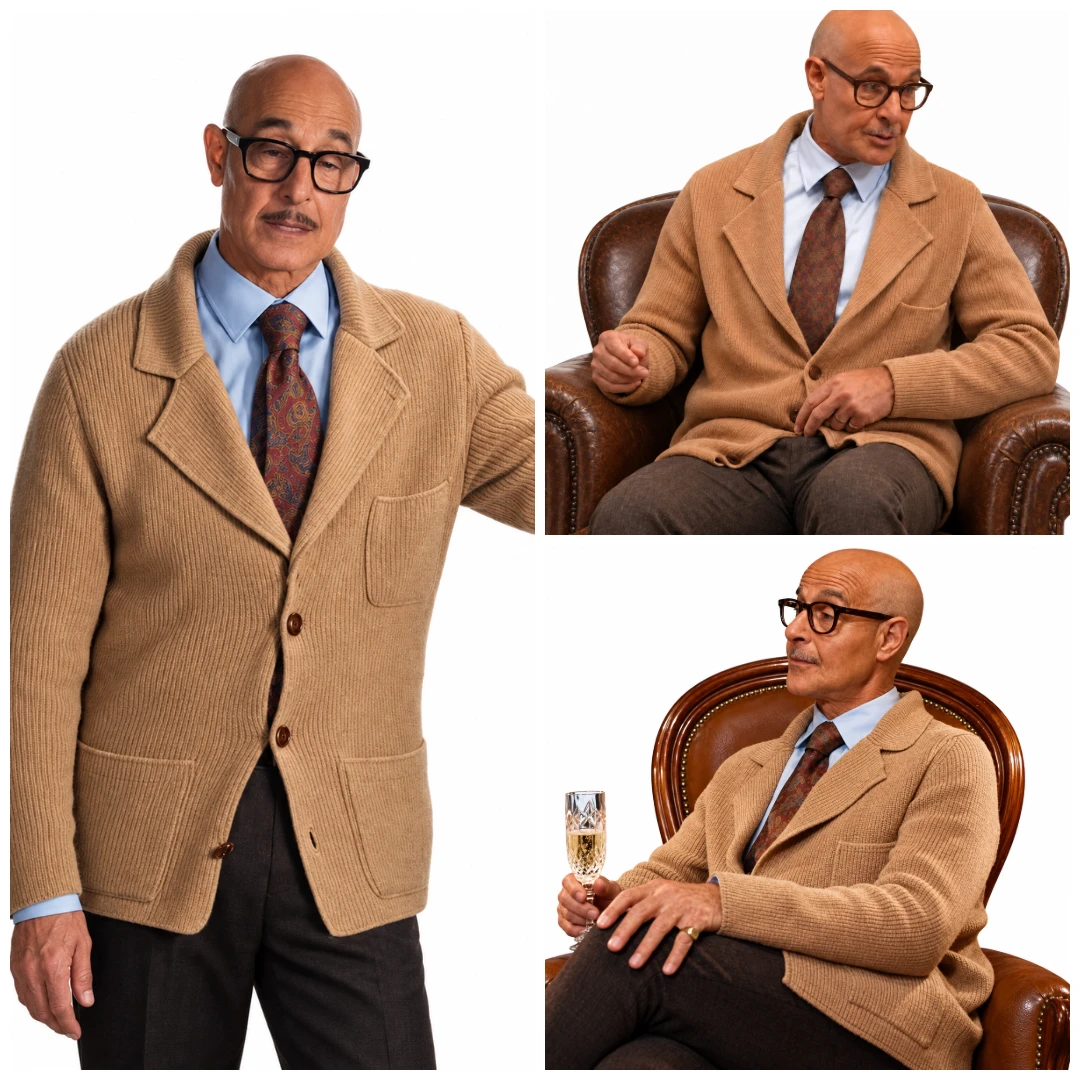 Stanley Tucci wearing a tan knit cardigan jacket in Masterplan 2026