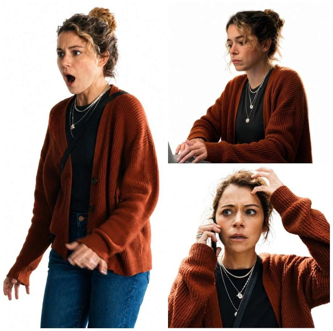 Tatiana Maslany wearing the Rust Brown Knit Cardigan in Maximum Pleasure Guaranteed Season 1
