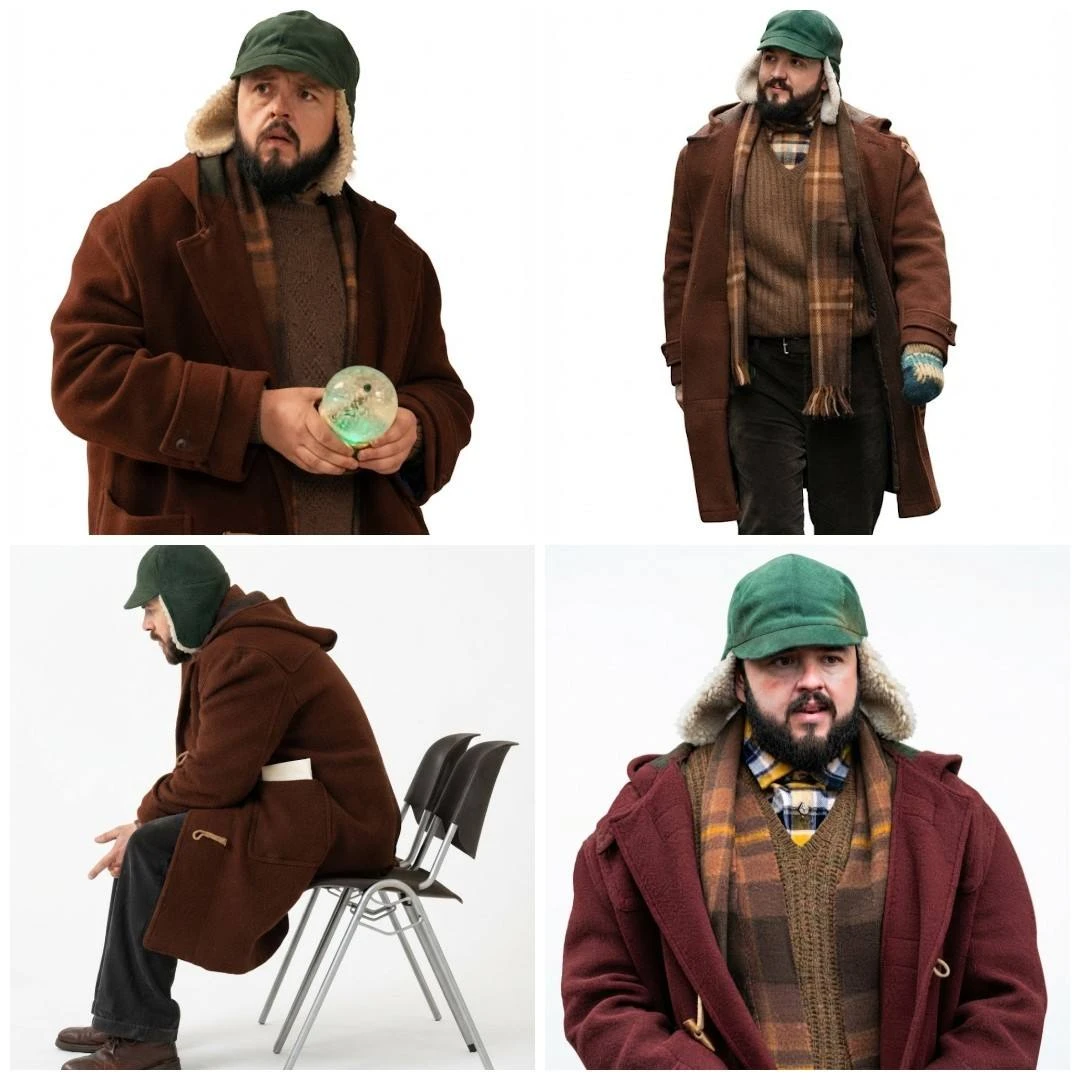 John Bradley wearing a brown hooded coat in Merry Christmas Aubrey Flint 2026