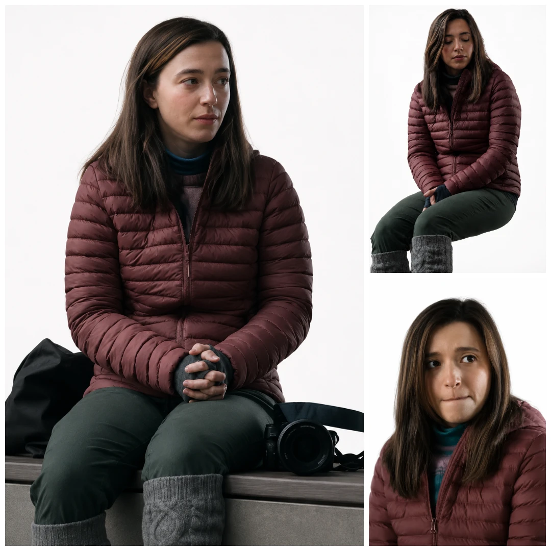 Mikey Madison wearing The Social Reckoning Maroon Hooded Puffer Jacket