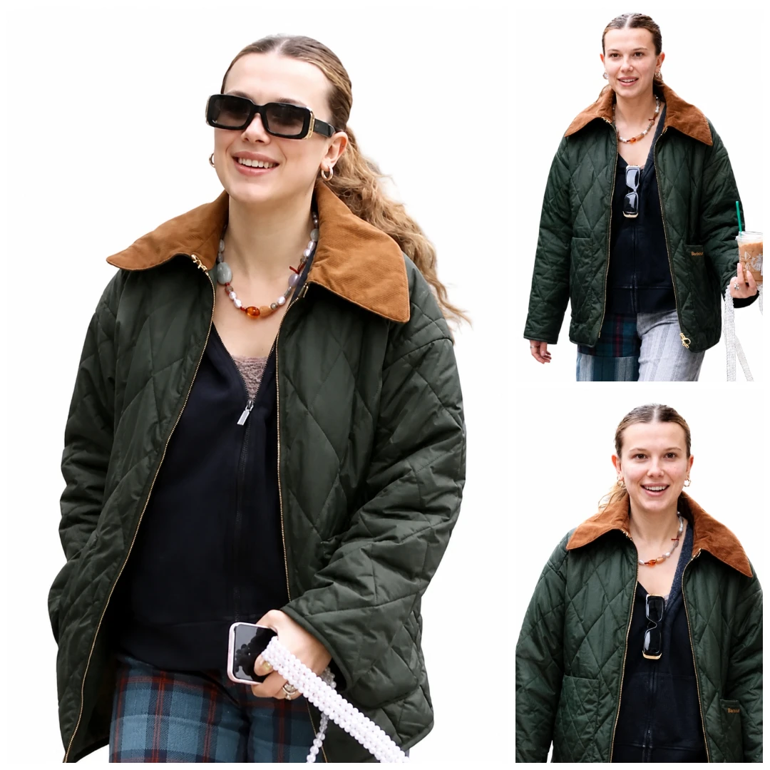 Millie Bobby Brown Green Quilted Jacket NYC Street Style