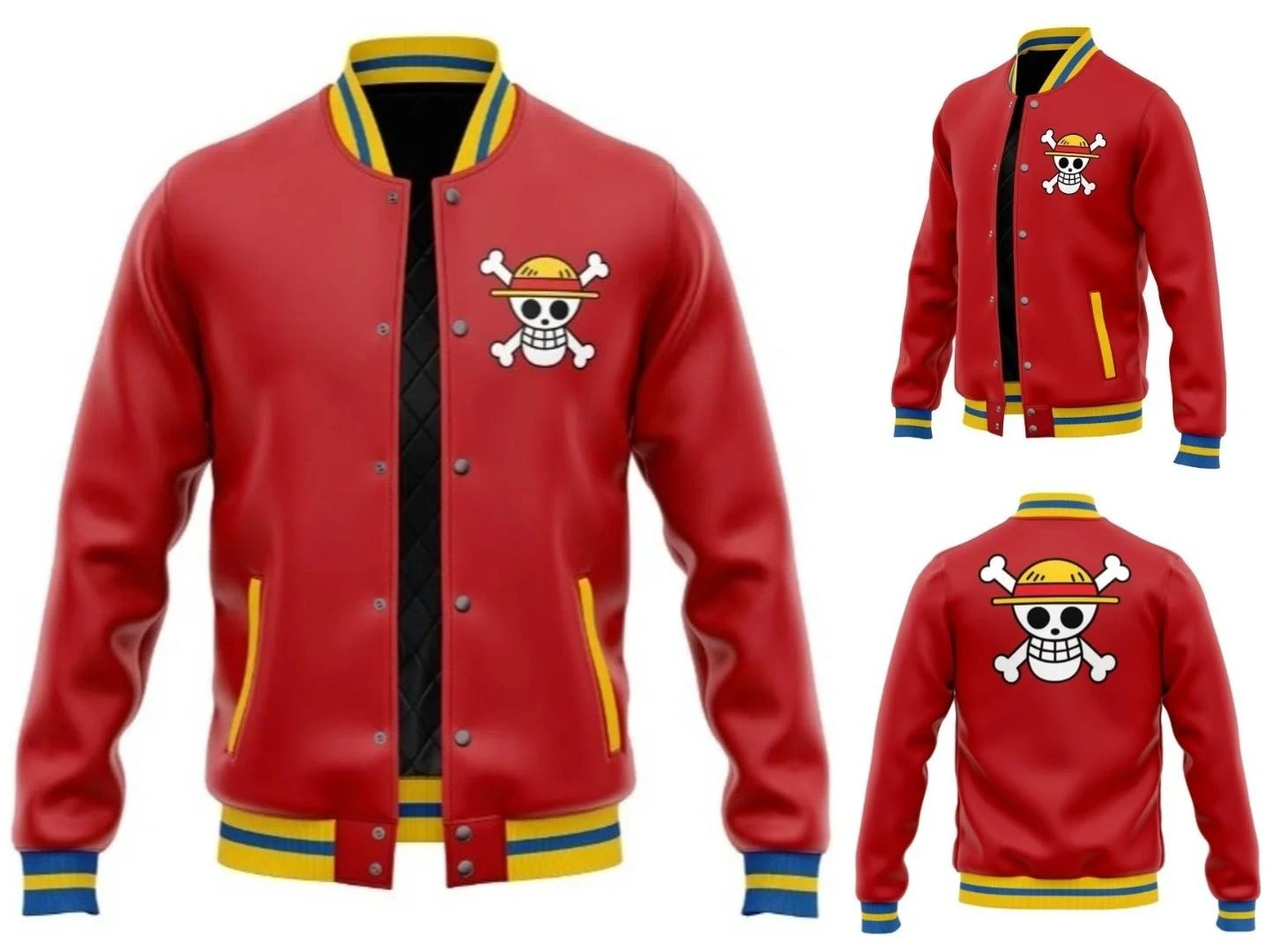 Monkey D. Luffy One Piece Red Varsity Jacket featuring Straw Hat Pirates logo