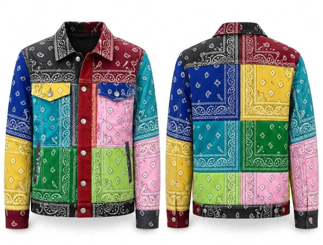 Multicolor bandana patchwork cotton jacket front and back view