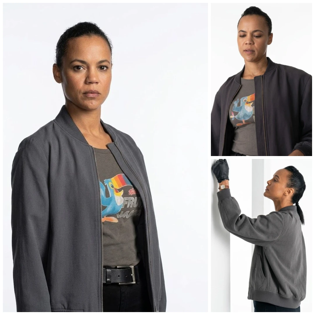 Maria Sten Wearing Neagley 2026 Grey Bomber Jacket