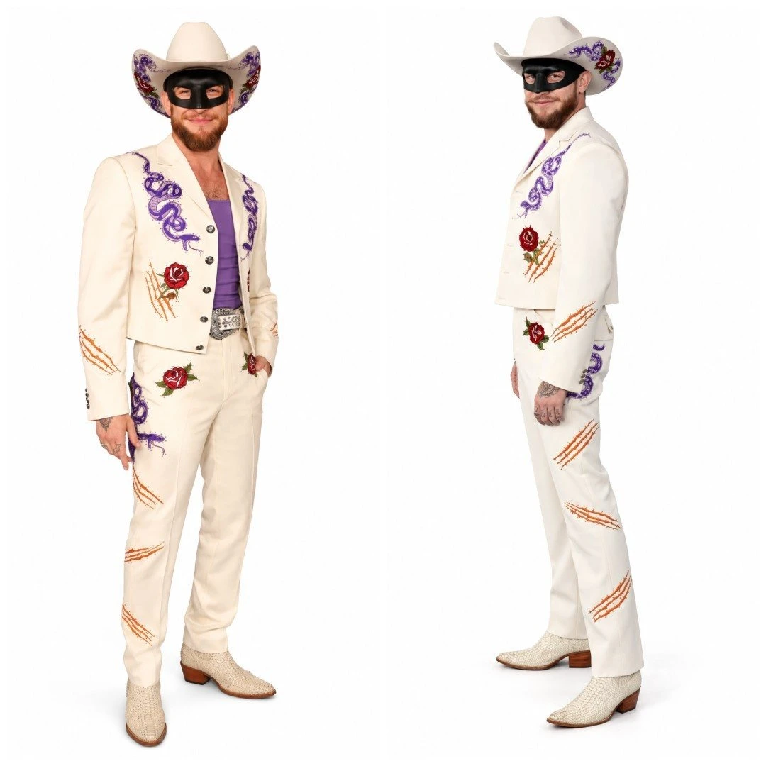 Front and side views of an off-white embroidered suit inspired by Orville Peck’s Street Fighter Premiere look