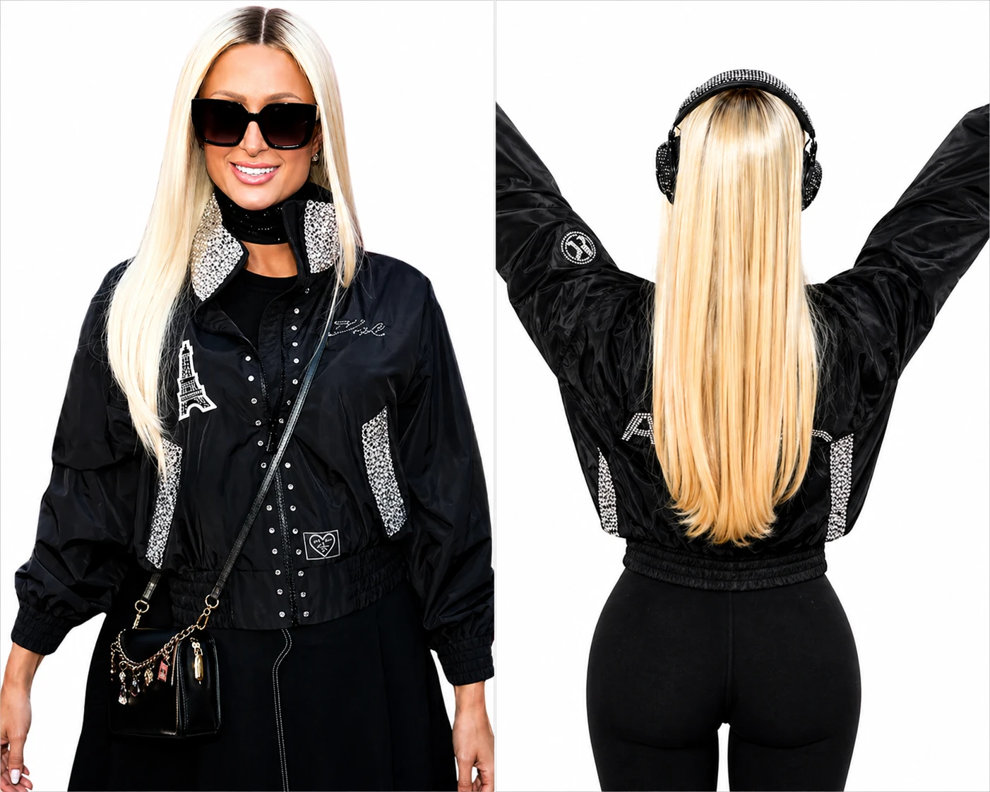 Paris Hilton wearing black embellished jacket spring campaign 2026