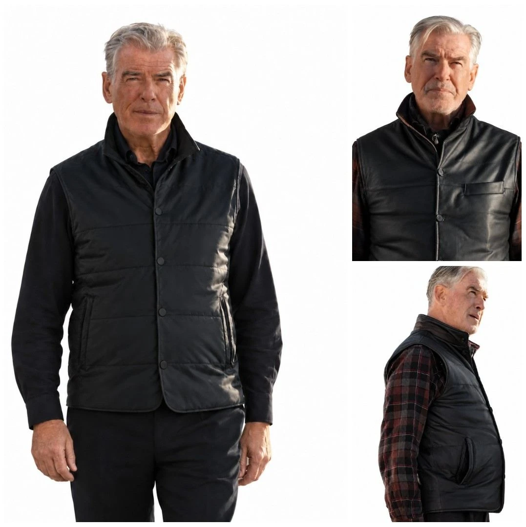 Side view of the Pierce Brosnan inspired black leather vest from MobLand S02