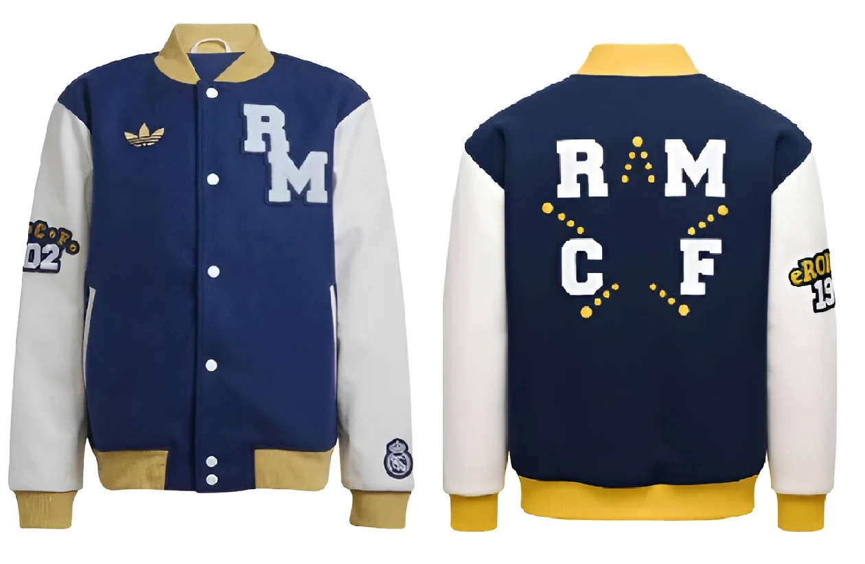 Real Madrid blue varsity jacket white sleeves button closure sports jacket