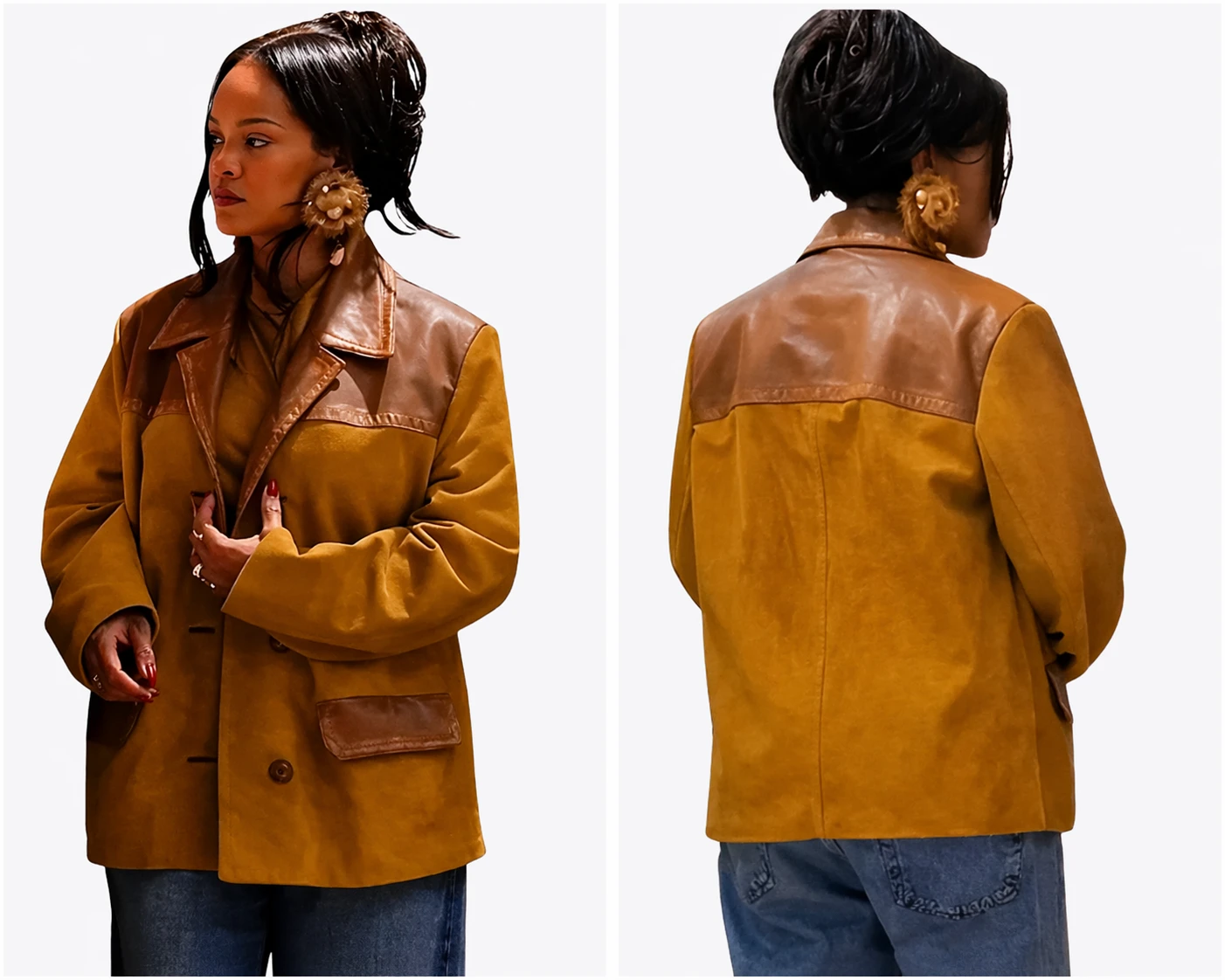 Rihanna Miu Miu Suede Jacket Brown Leather Trim Women Fashion Jacket