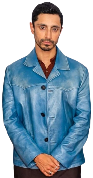 Relay Movie Riz Ahmed Blue Distressed Leather Jacket