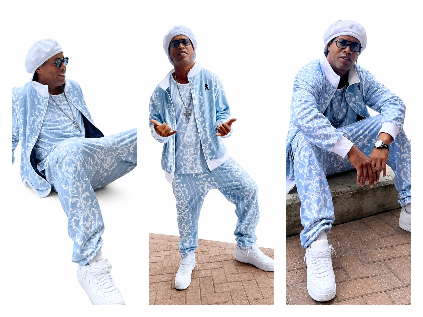 Ronaldinho White and Sky Blue Printed Tracksuit Front View