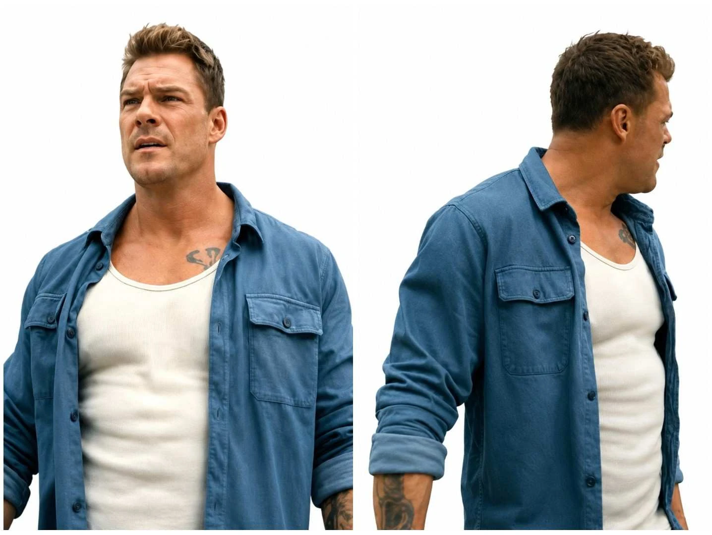 Alan Ritchson wearing the Blue Cotton Shirt in Runner 2026