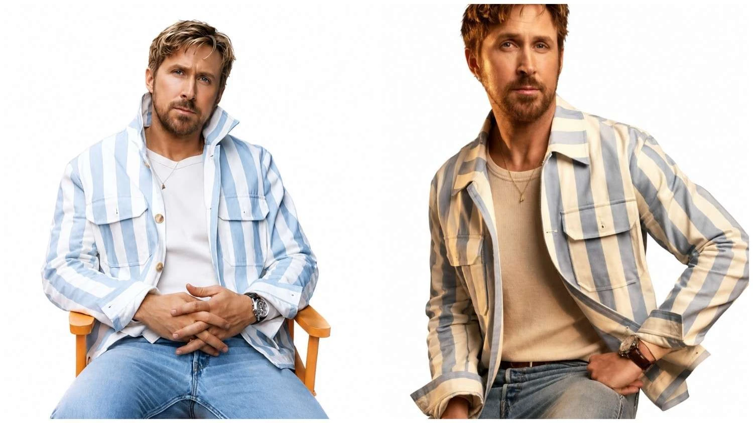 Ryan Gosling wearing blue and white striped cotton jacket