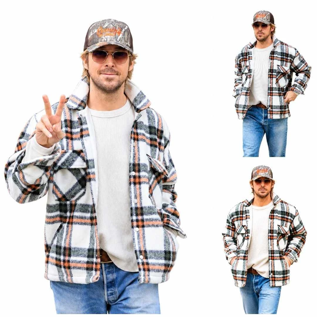 Ryan Gosling wearing a white black and orange plaid Wool  jacket
