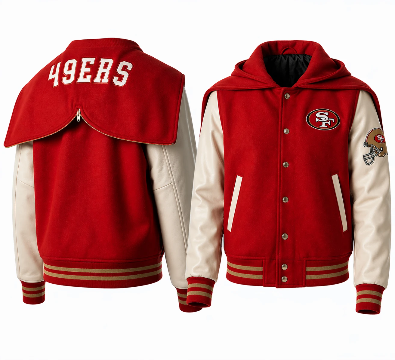 San Francisco 49ers Varsity Jacket Front View Red White Hooded Letterman Jacket