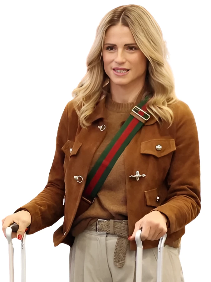 Michelle Hunziker Street Style 2026 Brown Jacket Outfit Michelle Hunziker Street Style 2026 Brown Jacket Front View