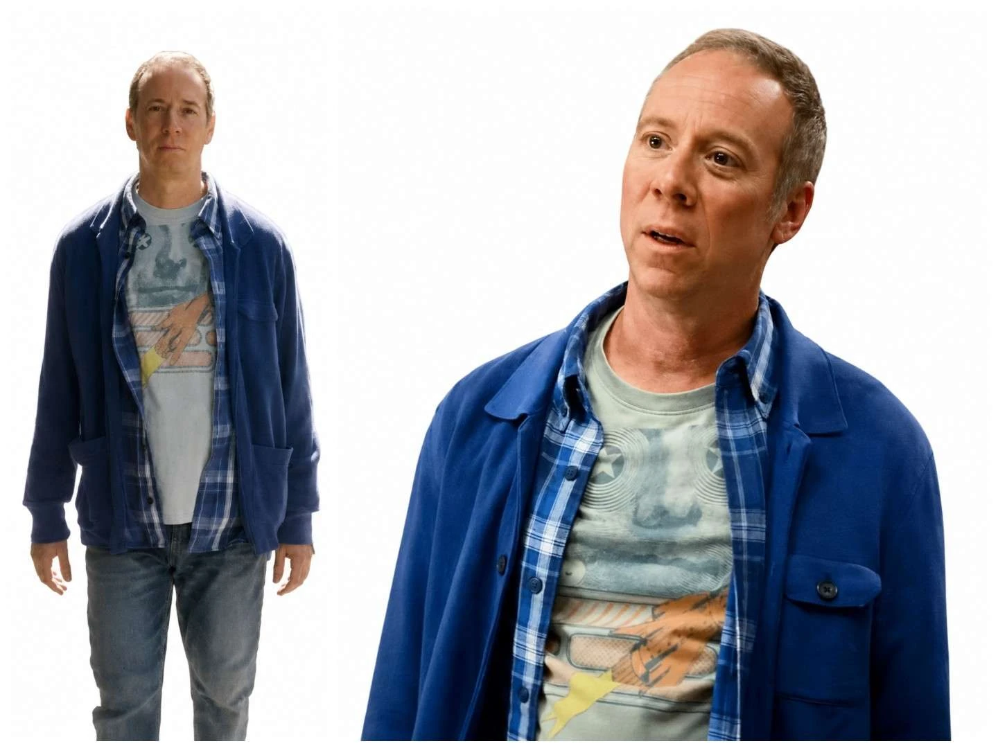 Kevin Sussman wearing blue cardigan in Stuart Fails to Save the Universe 2026