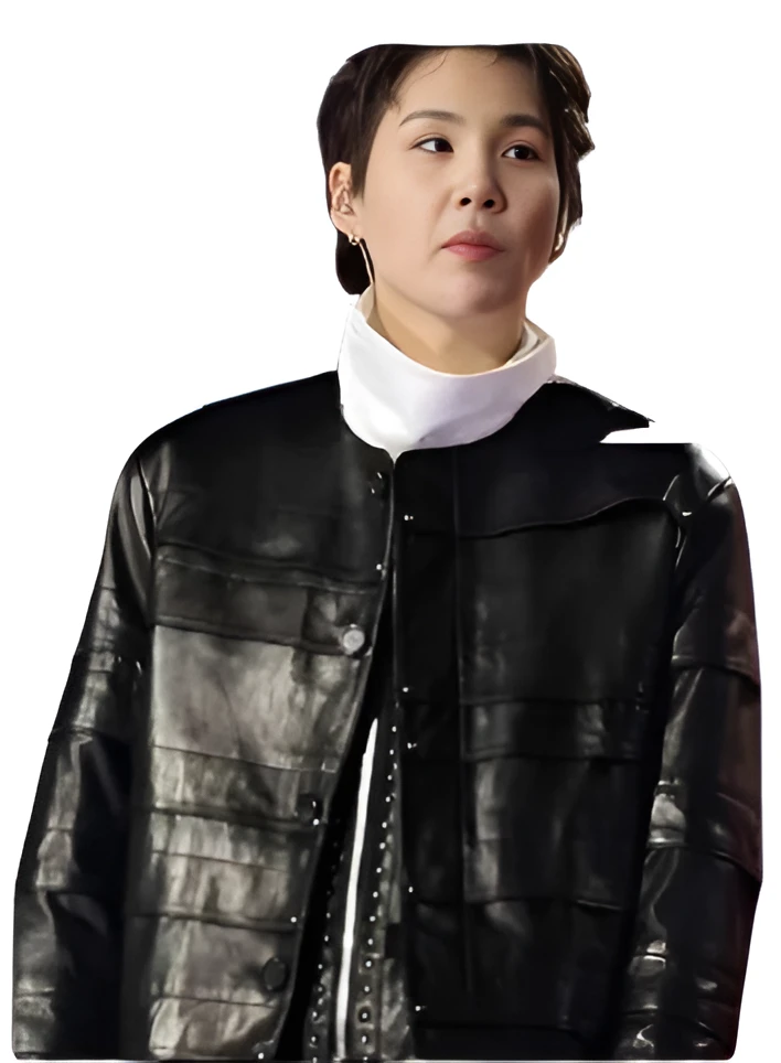 suga rapper 2026 black leather jacket front