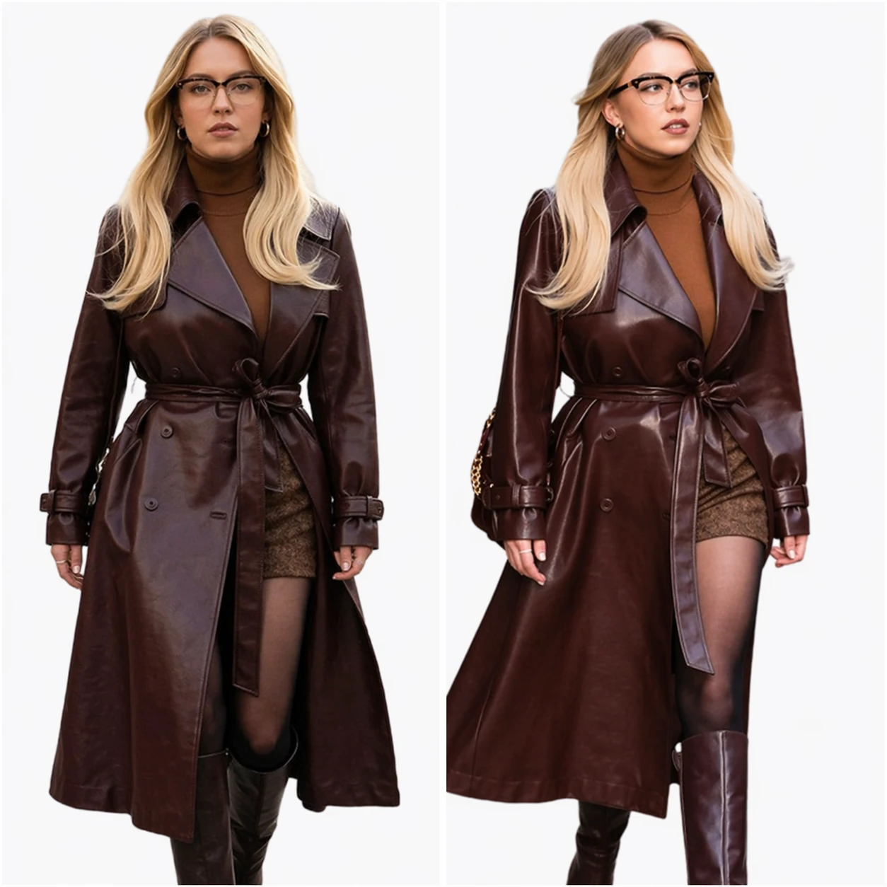 Sydney Sweeney Brown Leather Coat Women Long Belted Trench Coat Outfit
