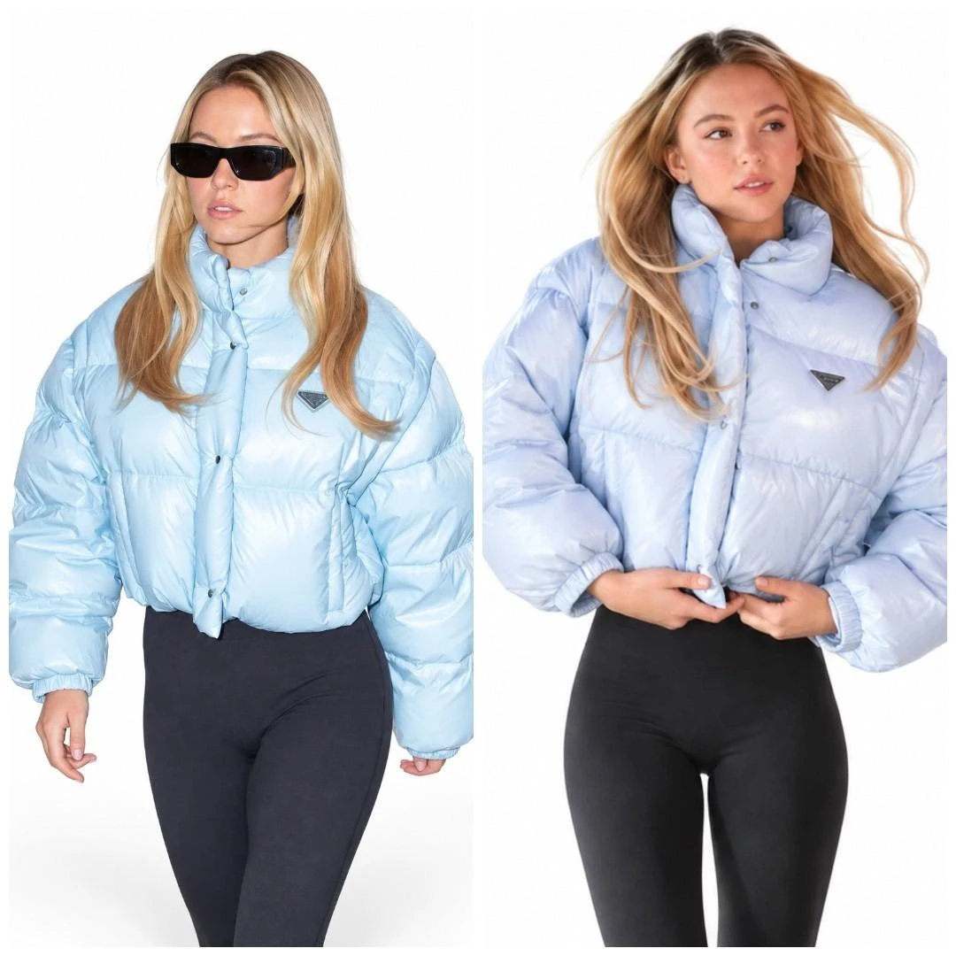 Sydney Sweeney light blue cropped puffer jacket