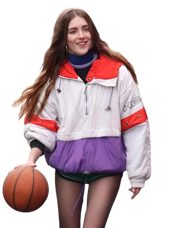 Talia Ryder wearing colorblock hoodie 4 Kids Walk Into a Bank movie outfit