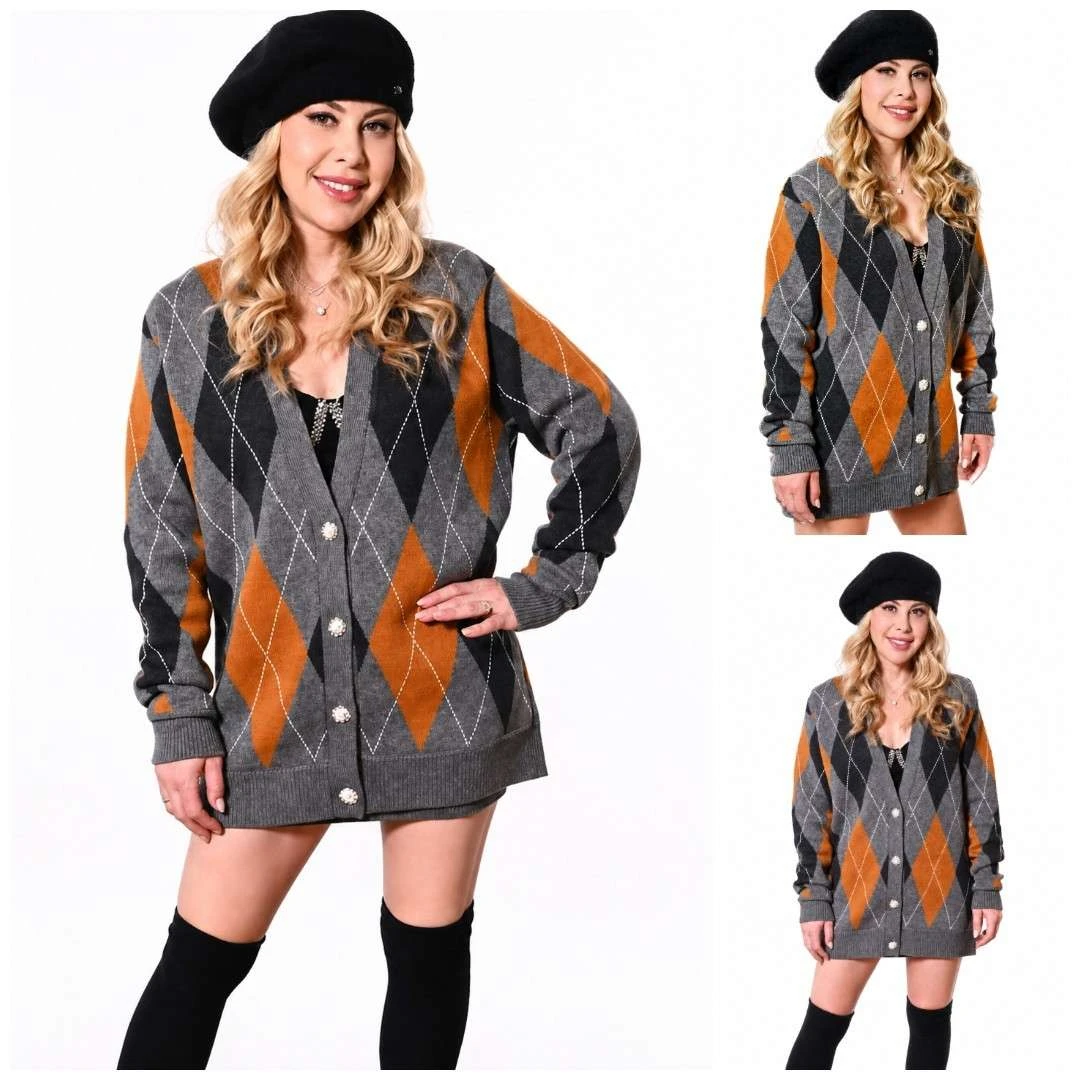 Tara Lipinski wearing grey black and orange argyle cardigan in The Traitors US Season 4
