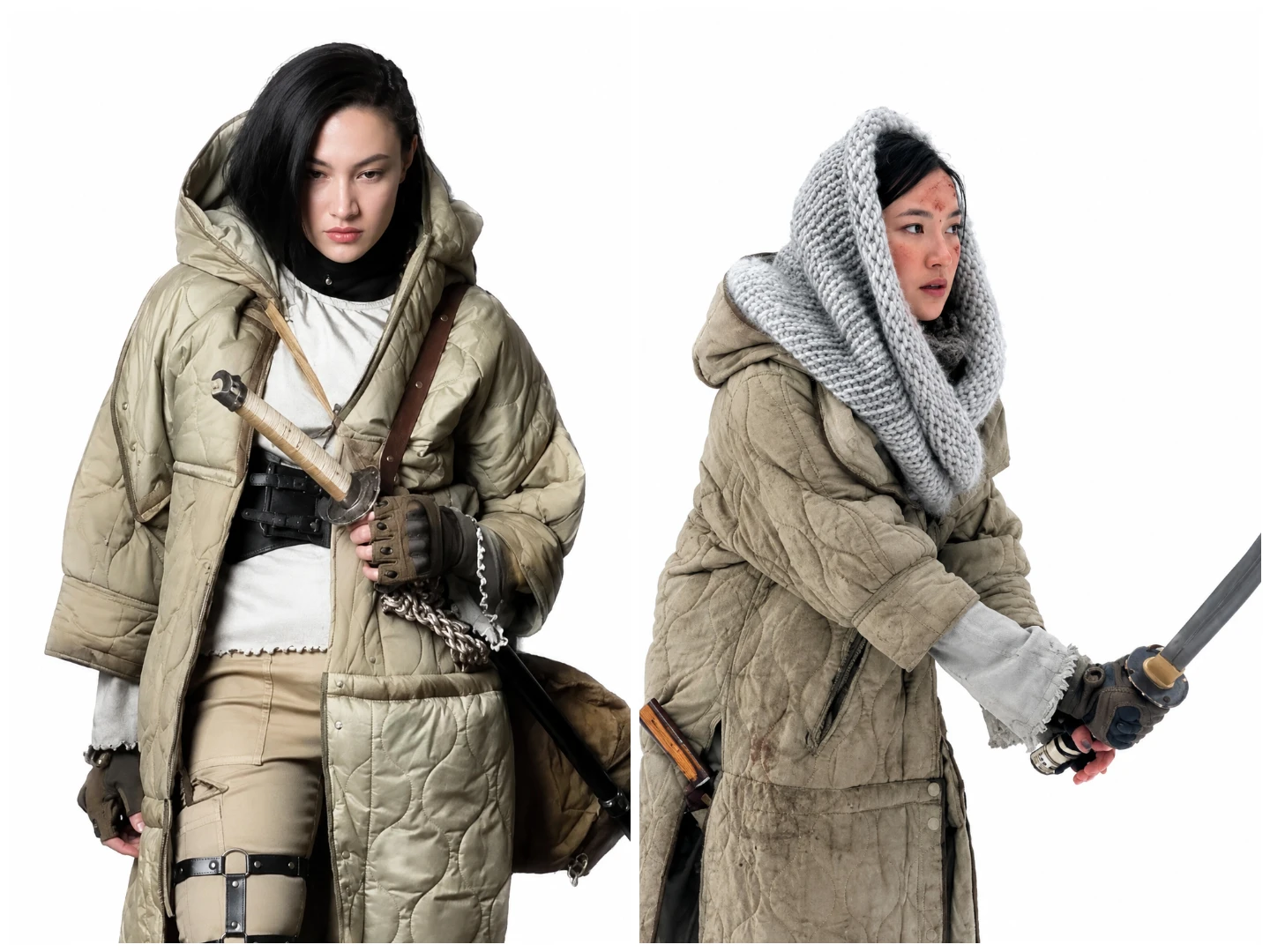 The Last Assassins Athena Park Quilted Hooded Beige Coat Front View