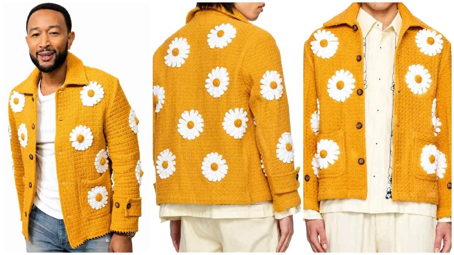 The Voice S27 John Legend Yellow Daisy Appliqué Knitted Jacket John Legend wearing The Voice S27 Yellow Daisy Appliqué Knitted Jacket
