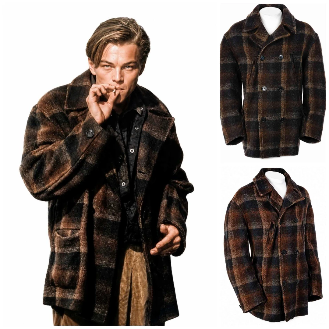Leonardo DiCaprio Titanic Brown Plaid Wool Peacoat inspired by Jack Dawson