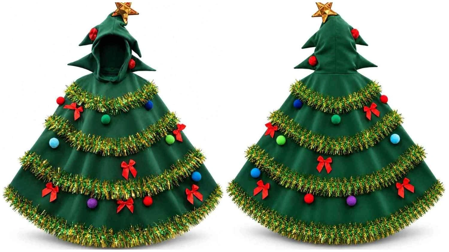 Unisex wool Christmas tree costume with star hood, tinsel garland, red bows and colorful ornaments