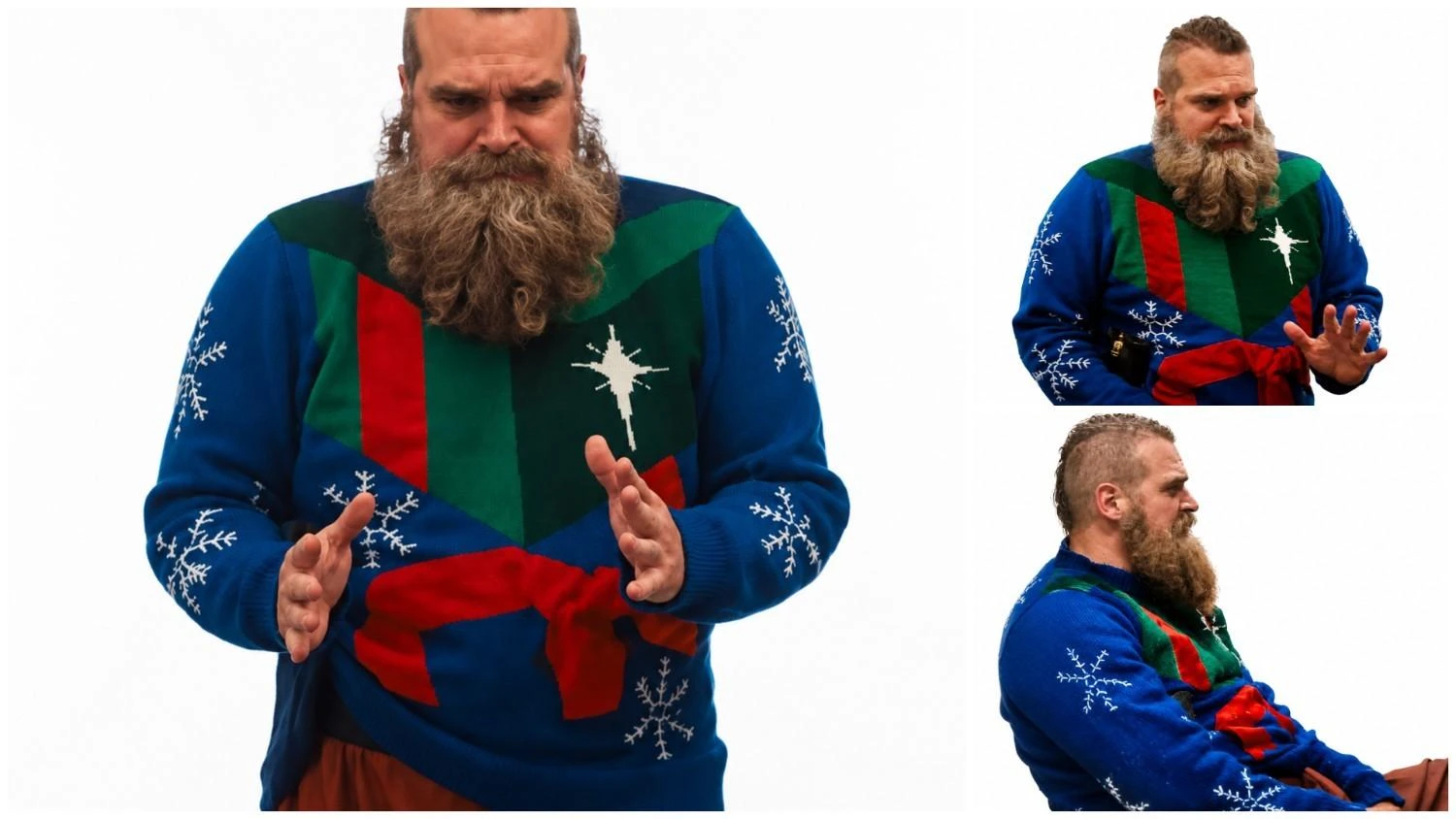 David Harbour wearing Violent Night 2 2026 blue Christmas sweater