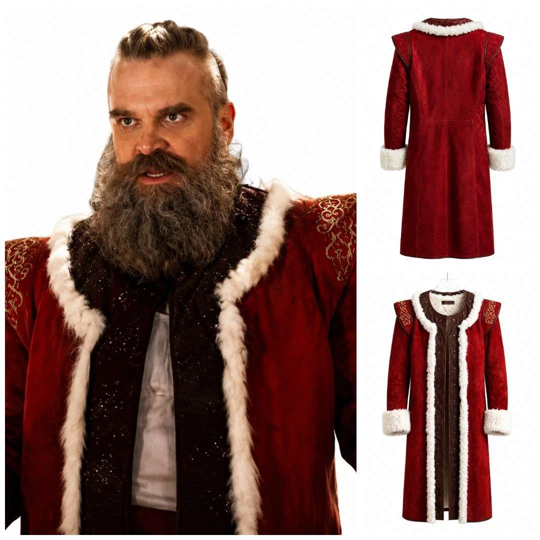 Front view of Violent Night 2 David Harbour red suede velvet Santa coat