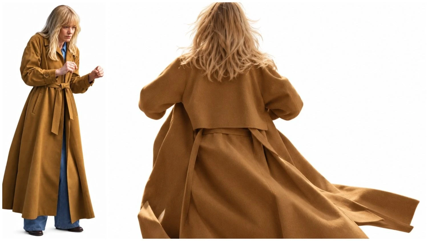 Heike Makatsch wearing a camel brown belted trench coat in Where’s Wanda Season 2