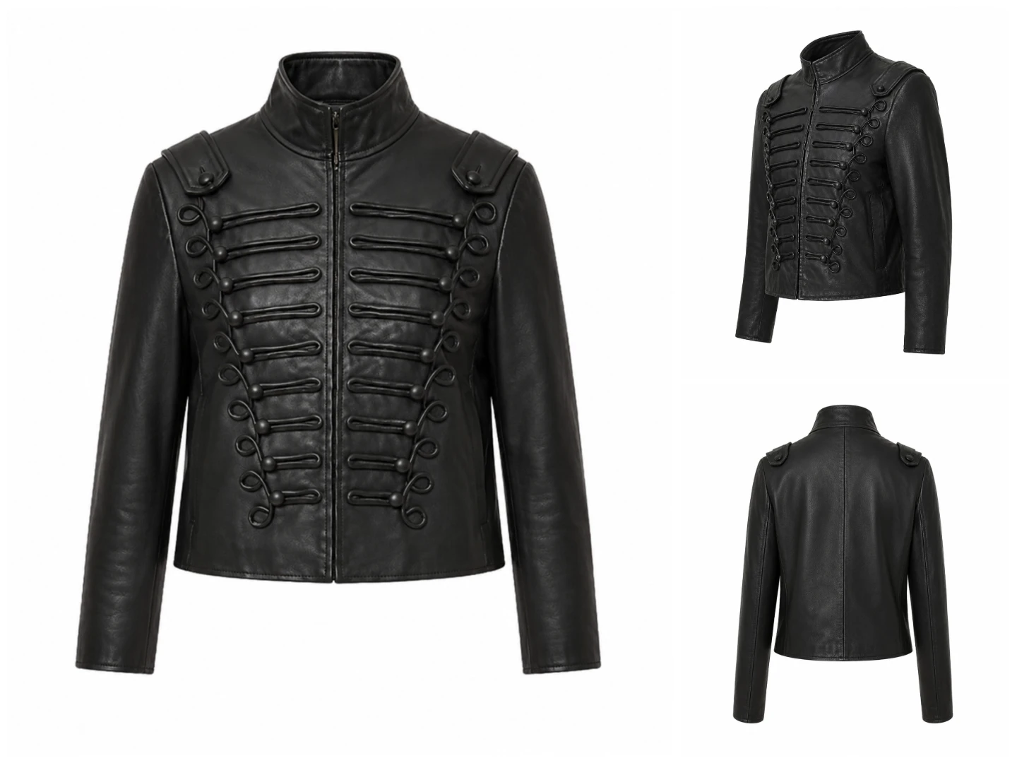 Women Black Cropped Military Leather Jacket Back View