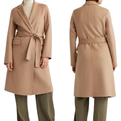 Womens Camel Wool Belted Long Coat