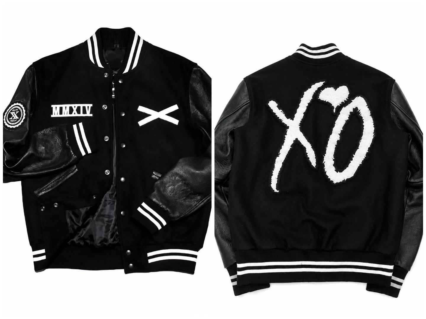 Men's XO varsity bomber jacket in black and white streetwear style.