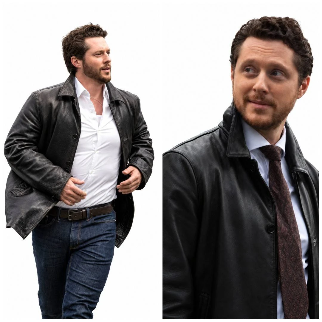Noah Reid wearing black leather jacket in Yaga 2026